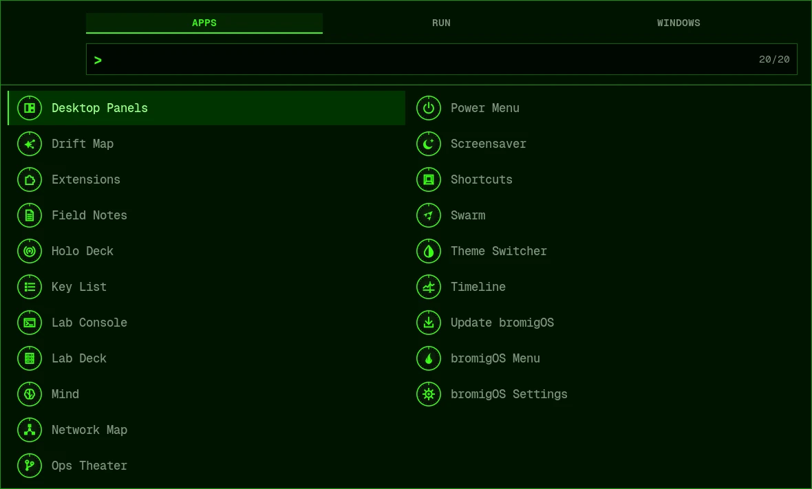 The app launcher, with bromigOS’s own windows listed