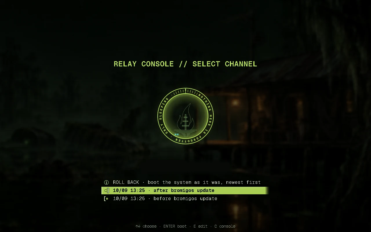 The snapshots in the boot menu, newest first: after and before an update
