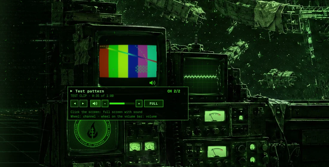 The den’s big monitor playing a test pattern, with the hint under it: what’s on, the channel buttons, the sound, the volume and Full screen