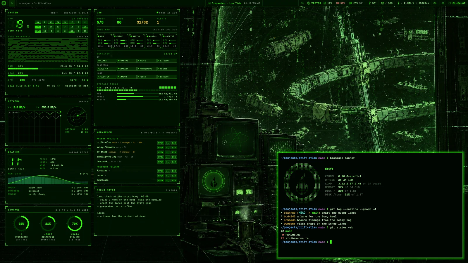The bromigOS desktop in the default theme, the Wick: the bar, the panels, a terminal and the den behind them
