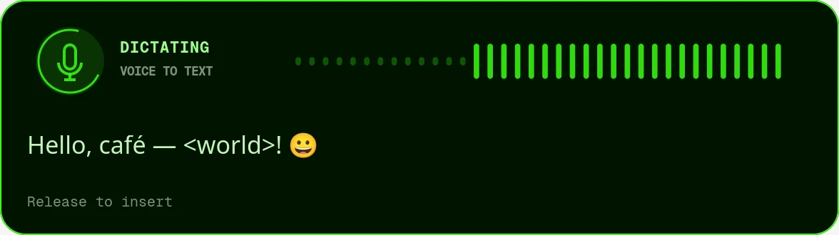 The dictation panel shows microphone activity and a transcript preview
