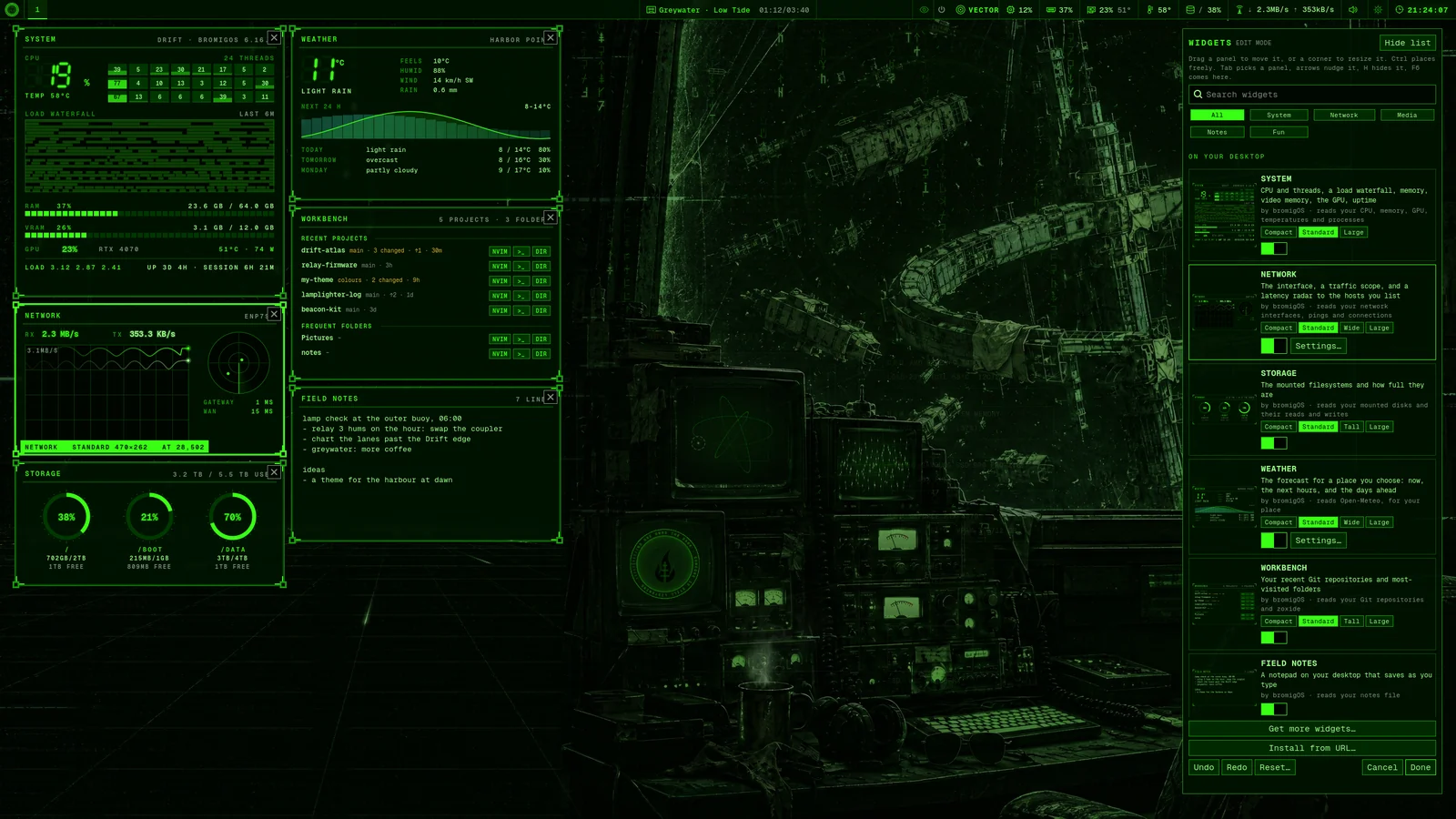 Edit mode: the panels framed on the desktop, NETWORK picked, and the tray with every panel on the right