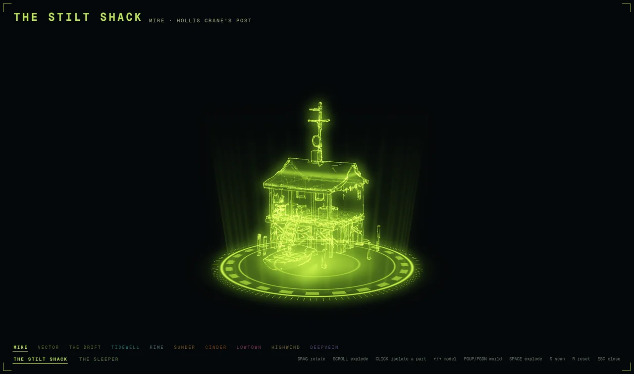 The hologram gallery showing Mire’s stilt shack, with the worlds’ shelves along the bottom