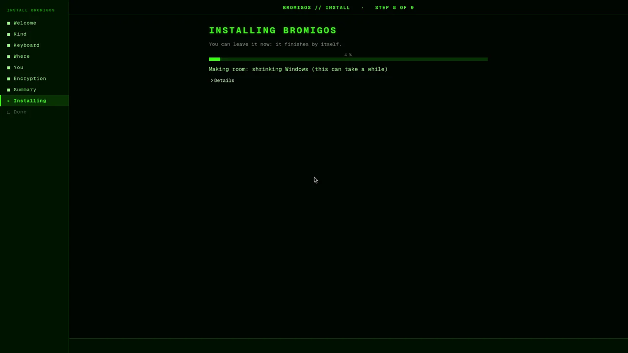 Installing bromigOS: the progress bar and what it’s doing, here making Windows smaller
