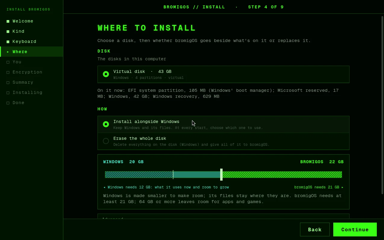Where to install: Install alongside Windows, with the bar that splits the disk and each side’s minimum