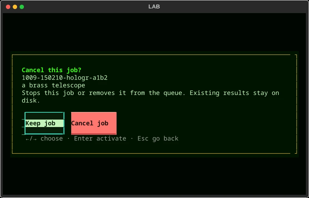 The job cancellation question names the selected job and focuses Keep job