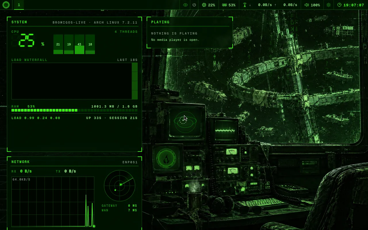 The live desktop from the stick: the bar, the system and network panels, the Wick’s den