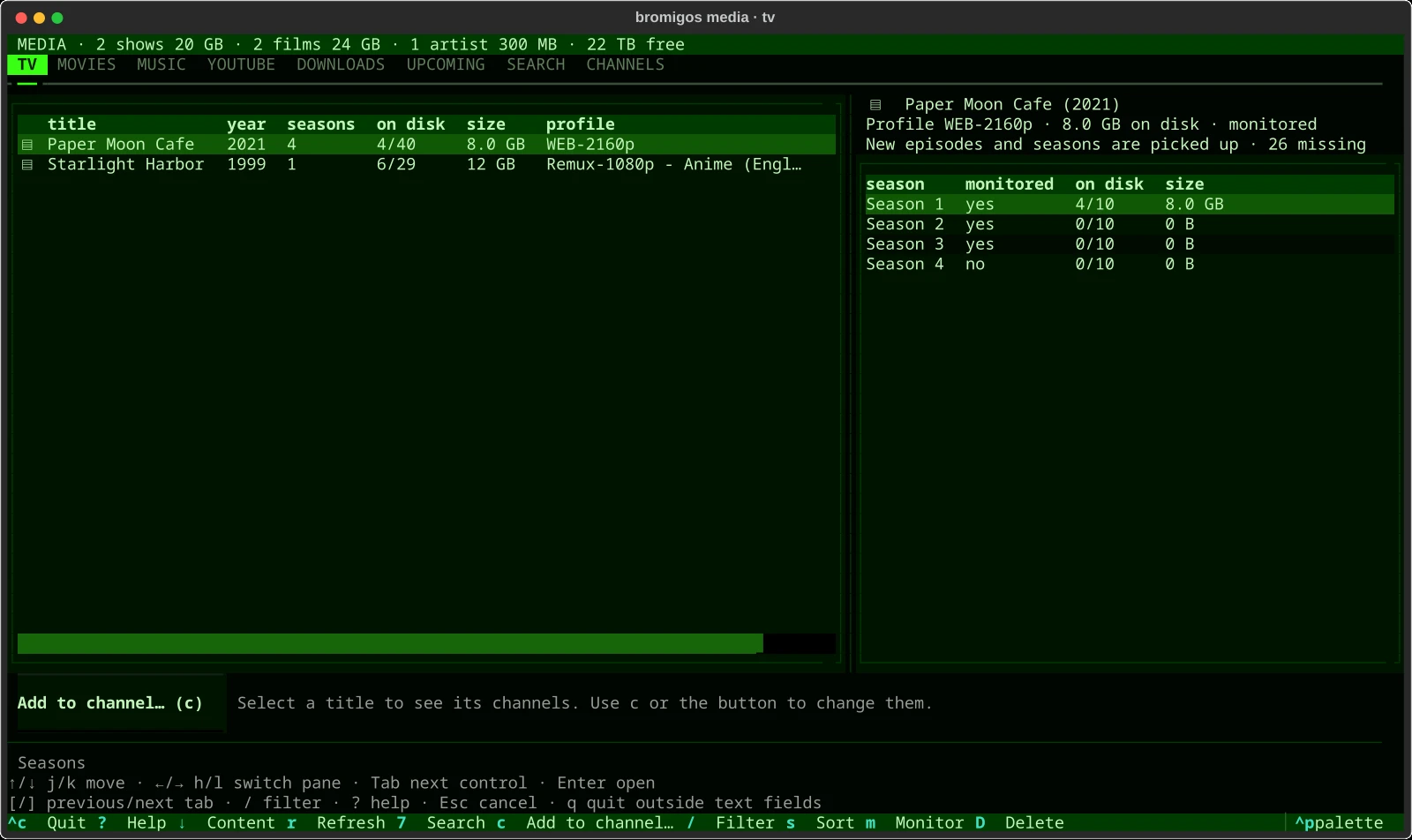 The media library shows TV titles and their seasons in the terminal