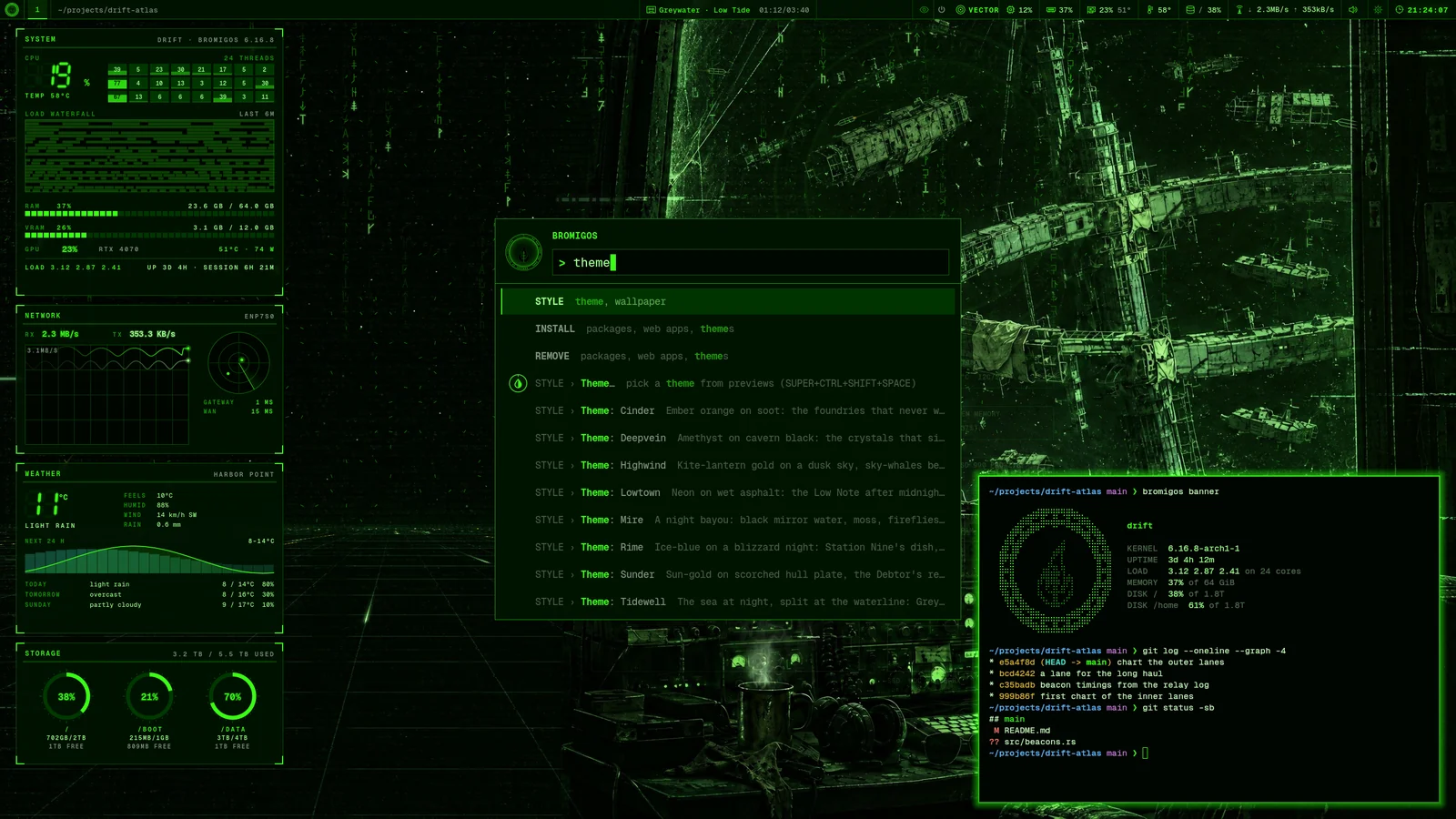 The menu with theme typed: matching groups, the theme switcher and each theme