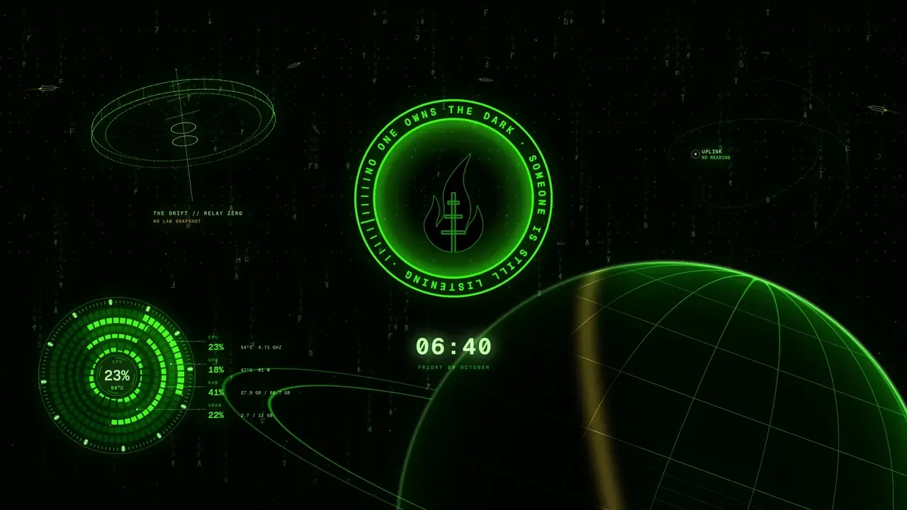 The screensaver in the Wick theme: the burn-in, the clock and this machine’s readings