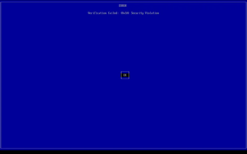 Verification failed: (0x1A) Security Violation, with an OK button