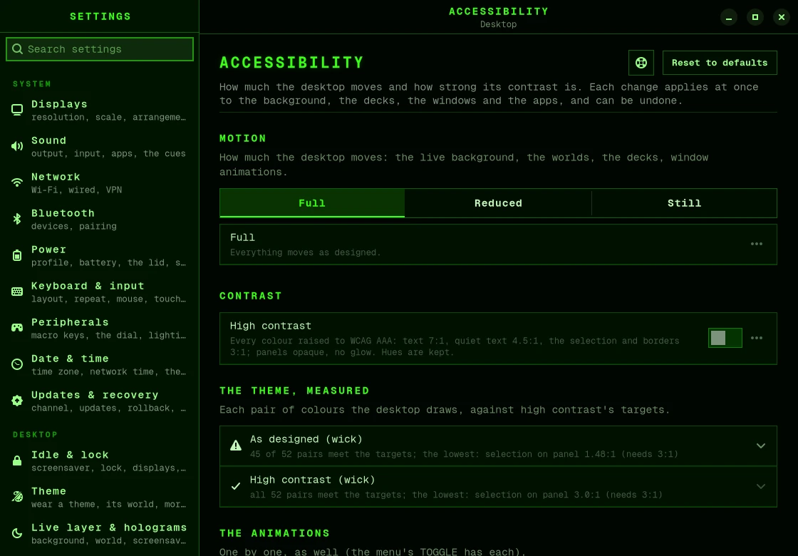 The Accessibility page in Settings: motion, contrast, and how the theme’s colours measure