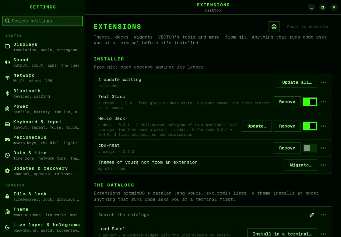 The Extensions page in Settings: what’s installed, updates waiting, and the catalogs
