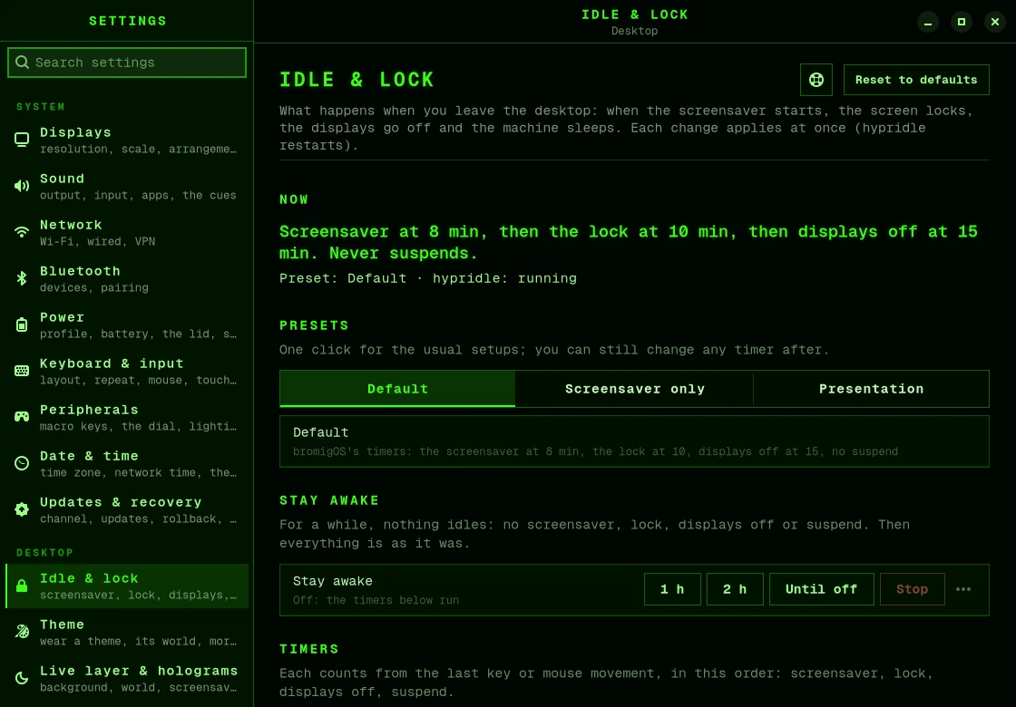 The Idle & lock page in Settings: a summary line, the presets, stay awake and the timers