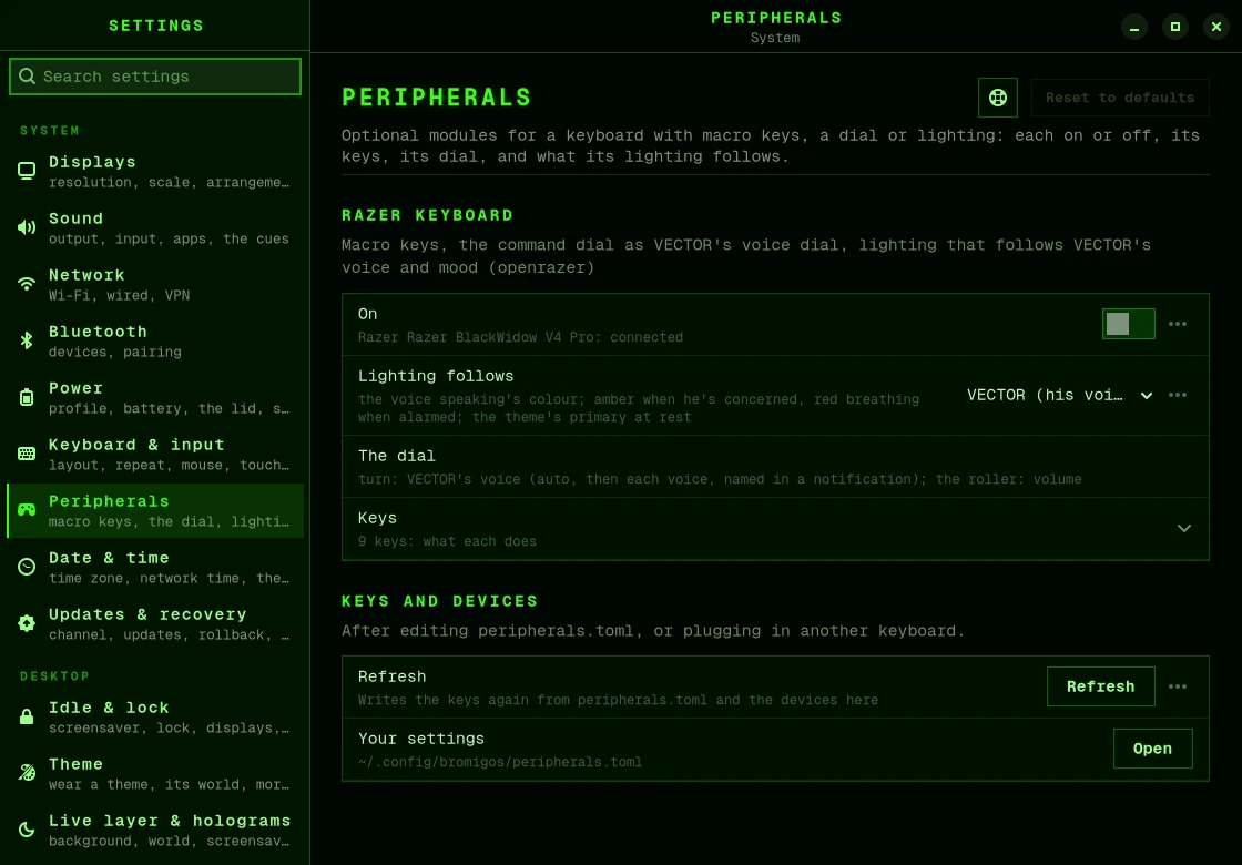 The Peripherals page in Settings, with a Razer keyboard’s module