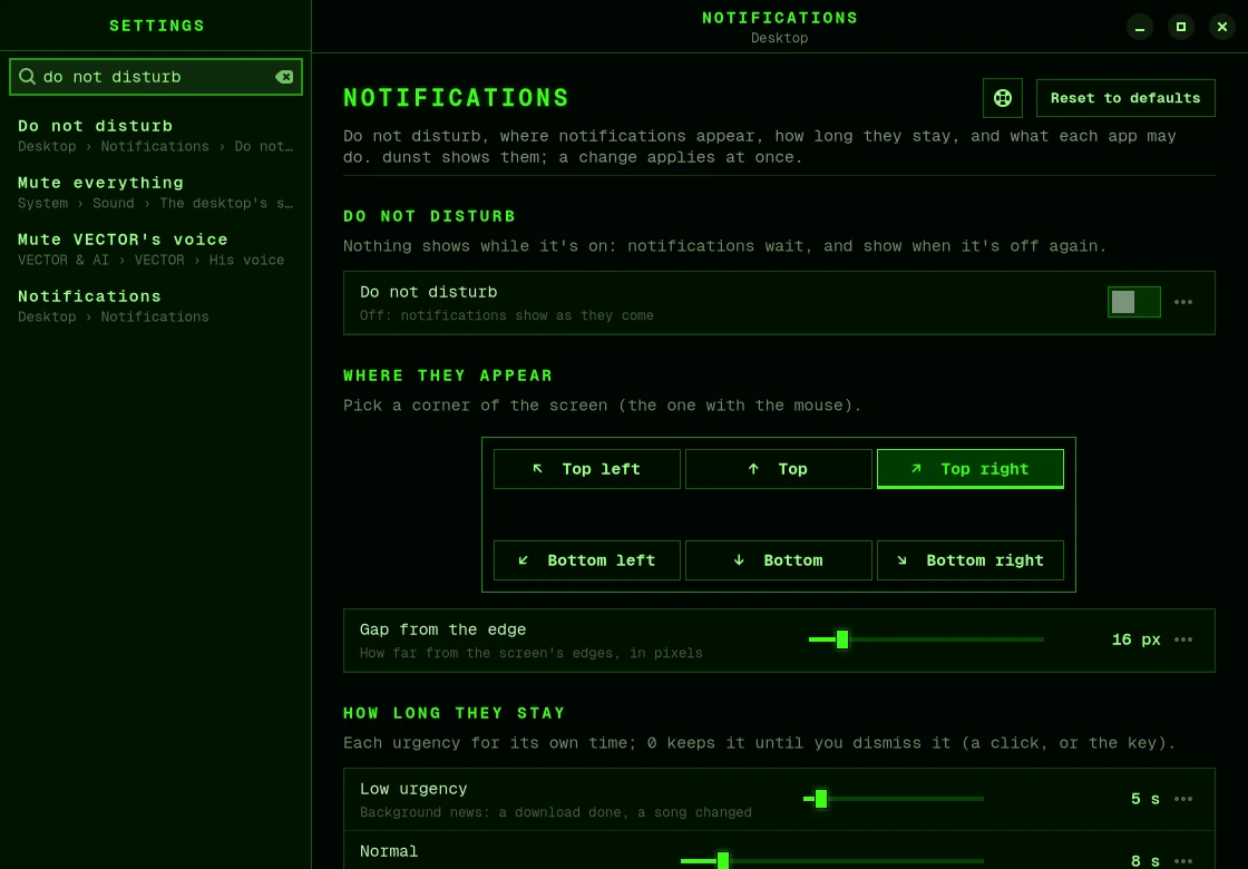 Settings searching for “do not disturb”: the results on the left, the Notifications page on the right