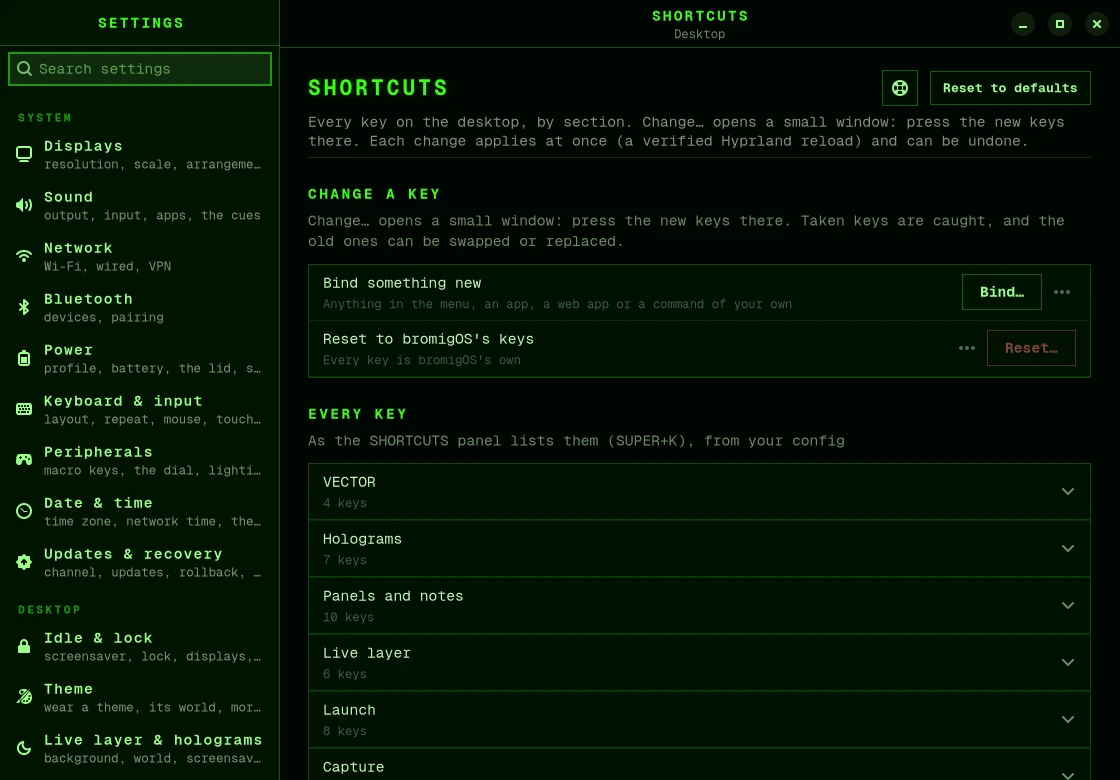 The Shortcuts page in Settings: bind something new, reset, and every key by section
