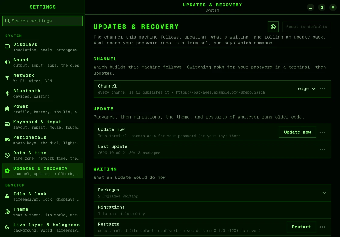 The Updates & recovery page in Settings: the channel, Update now, and what an update would do