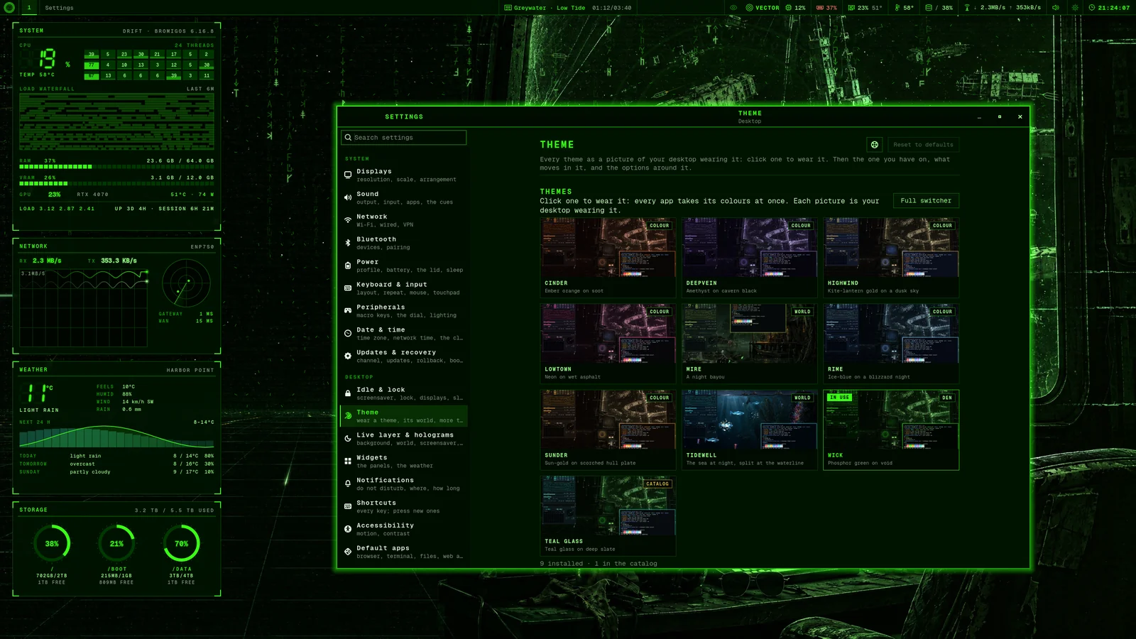 Settings open on the Theme page, with the pages listed on the left