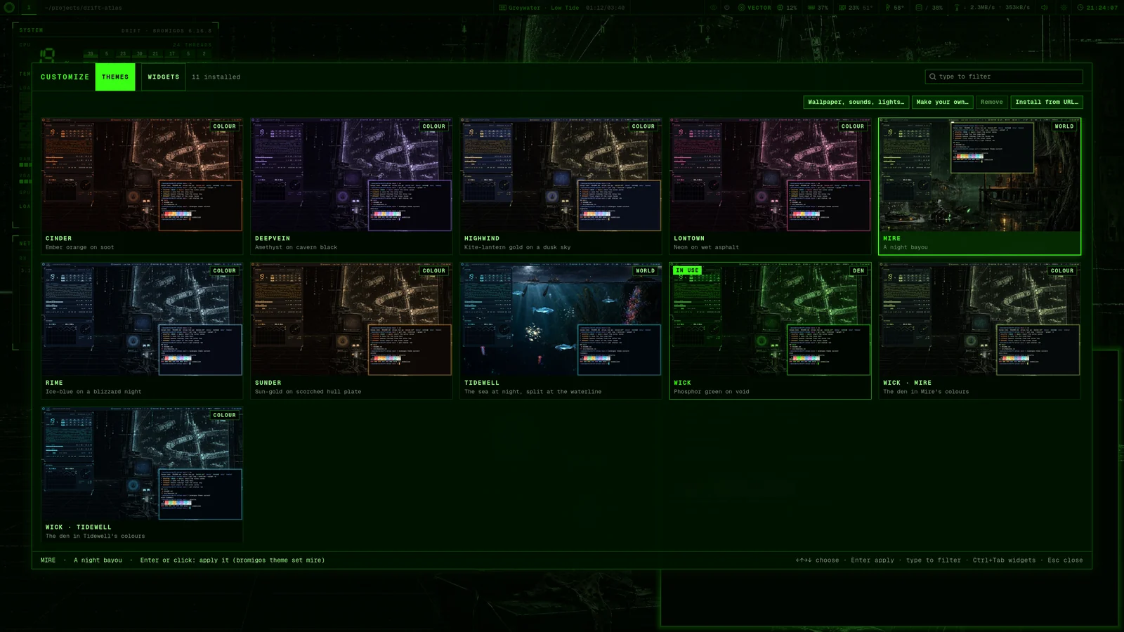 The Customize window on its Themes tab: all eleven themes, each a preview of the whole desktop wearing it, with Mire chosen