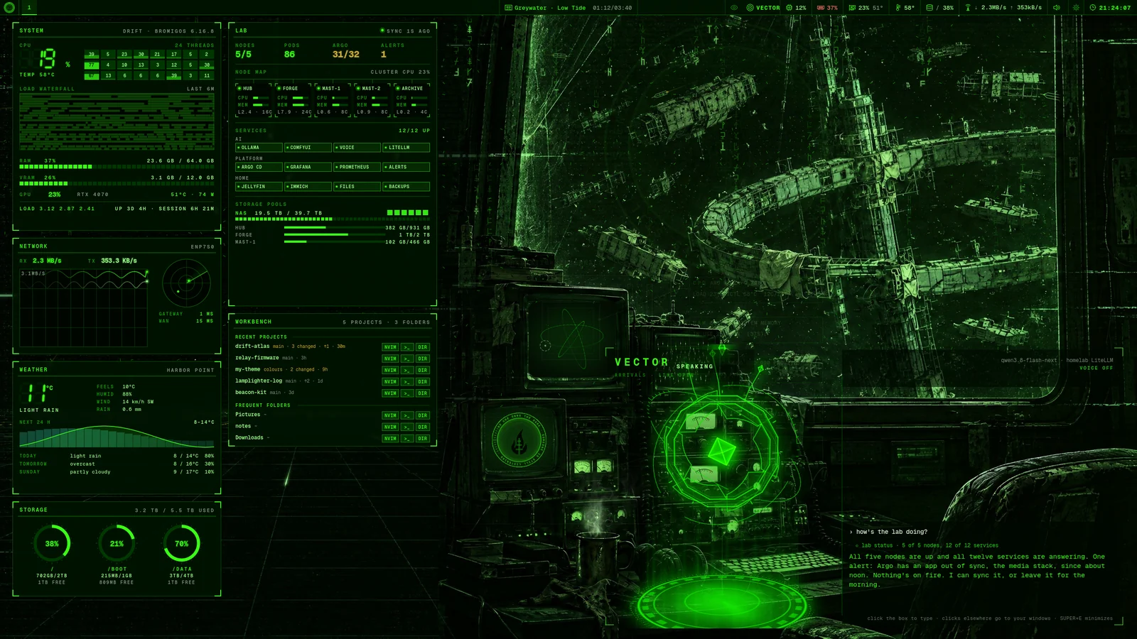 VECTOR on the desk, answering a question about the homelab in his chat box