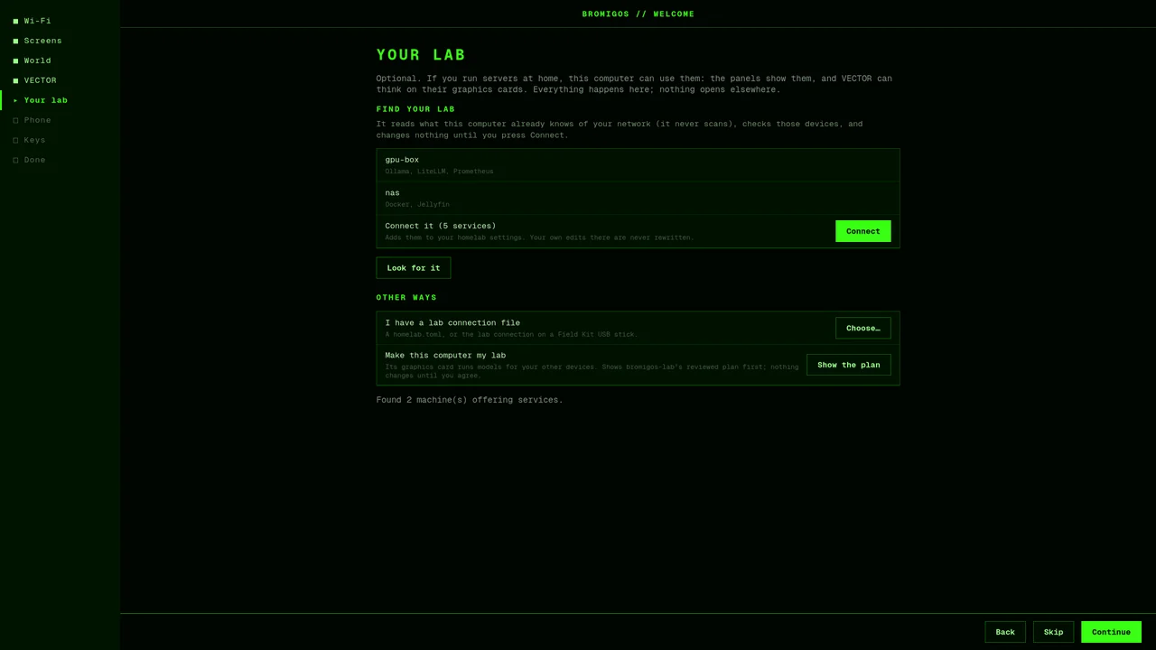 Your lab: two machines found, with what each offers, and Connect