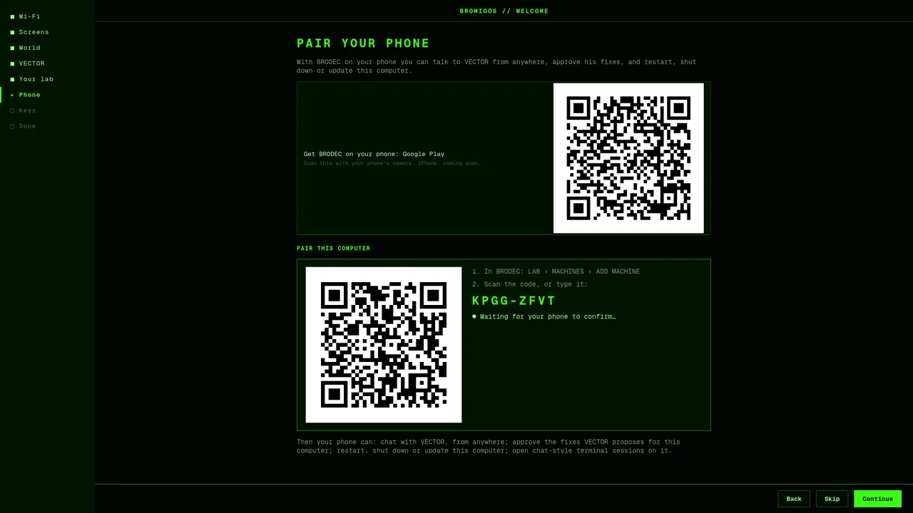 Pair your phone: Google Play as one row, then the pairing QR beside its steps, the code to type and the live status